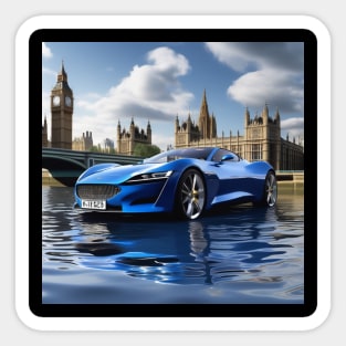 A Blue Sports Car Floating On The River Thames Sticker